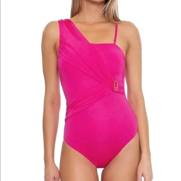 Trina Turk Monaco Asymmetrical One-Shoulder Pink Ruched Swimsuit Size 4 - Picture 1 of 8